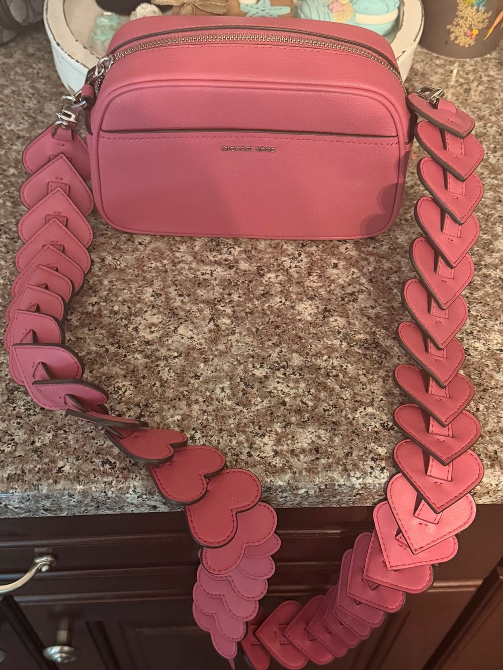 Michael Kors Pink Leather Crossbody Camera Bag with Heart-Link Strap